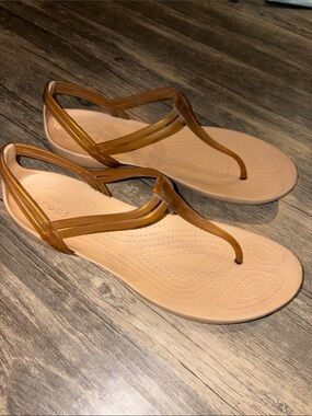 Crocs Isabella T-Strap Round Toe Jelly Sandal Bronze Women's Size 10